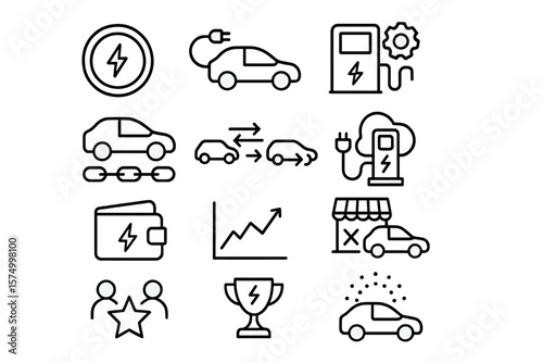 Electric vehicles and charging stations icons on gray background