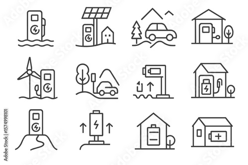 Renewable energy symbols: solar, wind, electric vehicles, eco-friendly homes