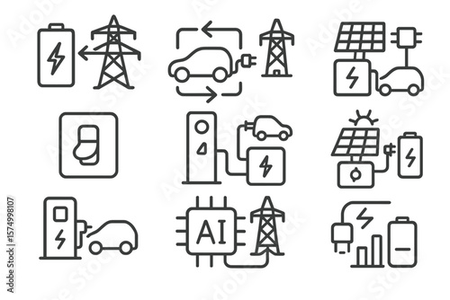 Electric vehicle and charging station icons with renewable energy symbols