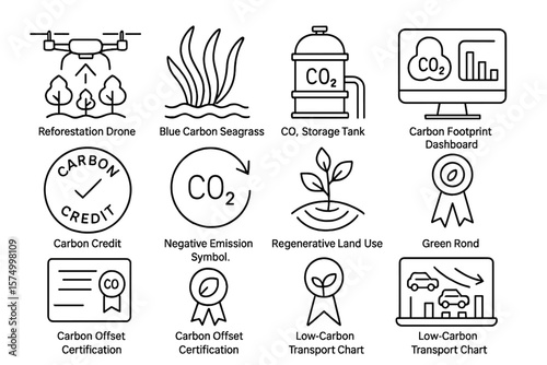 Icons illustrating carbon offset strategies and environmental solutions