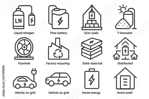 Renewable energy icons featuring storage and recycling technologies