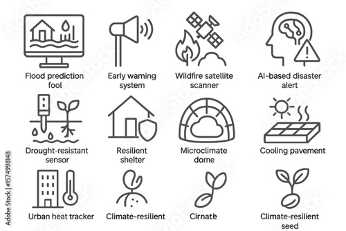 Icons representing climate solutions and disaster preparedness technologies