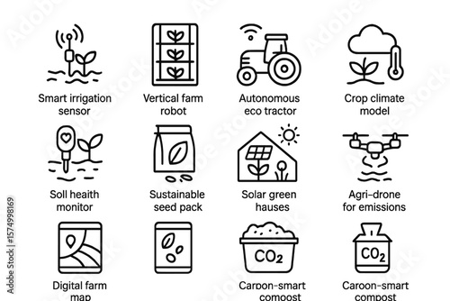 Smart agriculture technology icons: sensors, drones, vertical farming, eco solutions