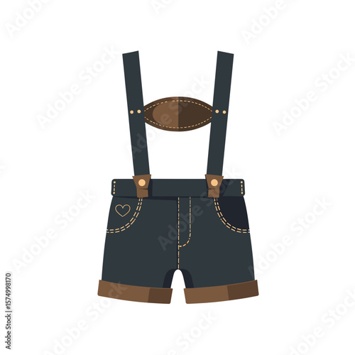 Stylized Bavarian traditional shorts with suspenders and leather patch on cream background
