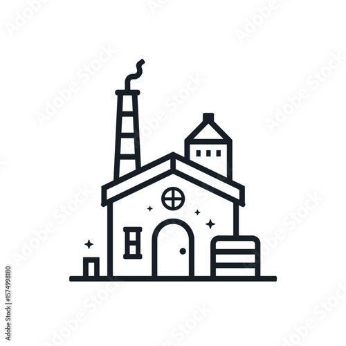Stylized industrial factory design with chimney and silo on white background
