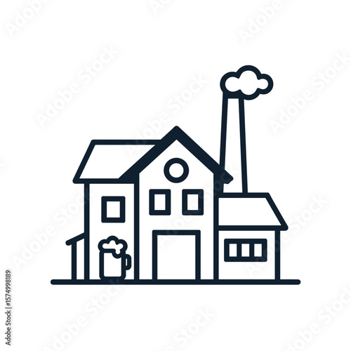 Stylized brewery design with beer mug and chimney on white background
