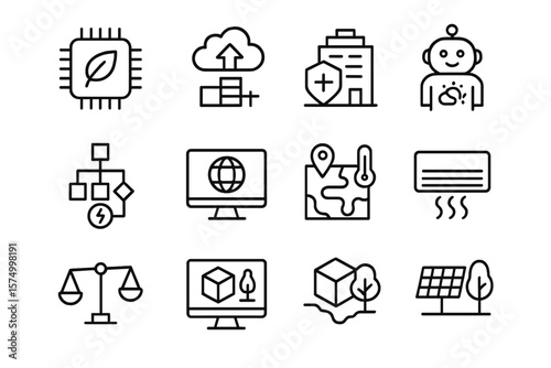 Technology icons set with eco, security, ai, energy, and navigation symbols