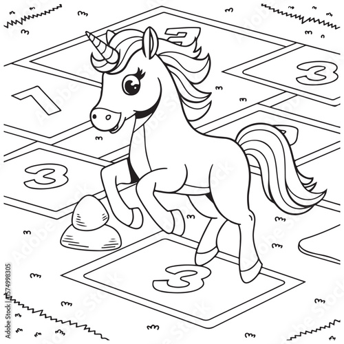 Cute Unicorn Coloring Pages with Black and white vector illustration