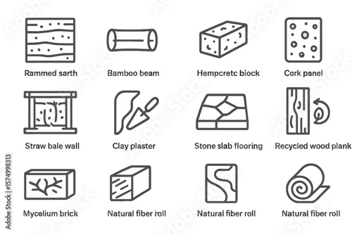 Sustainable building materials icons - eco-friendly construction elements
