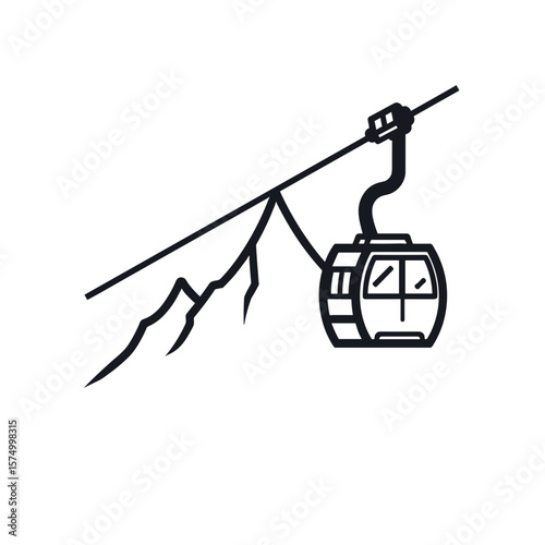 Black and white illustration of a ski lift cabin with mountains in the background
