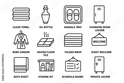 Spa essentials icons collection: towels, sandals, hygiene kit, locker, robe