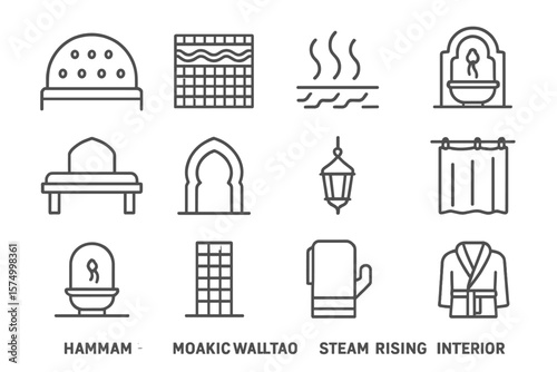 Hammam spa icons set with steam, mosaic, interior decor elements