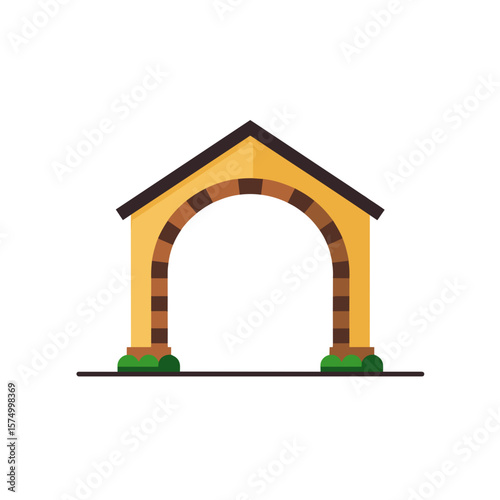 Stylized archway design in bright yellow with brown stripes and green bushes on white background
