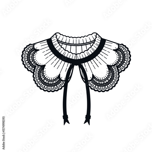 Black and white decorative lace collar illustration with ribbon ties and scalloped edges
