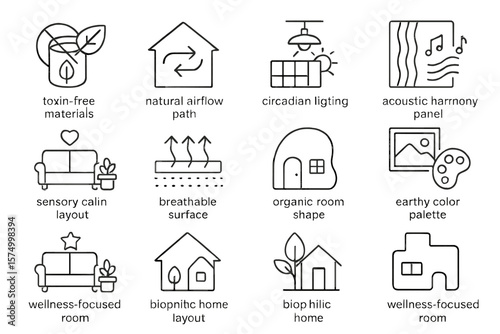 Sustainable home design icons illustrating eco-friendly living concepts