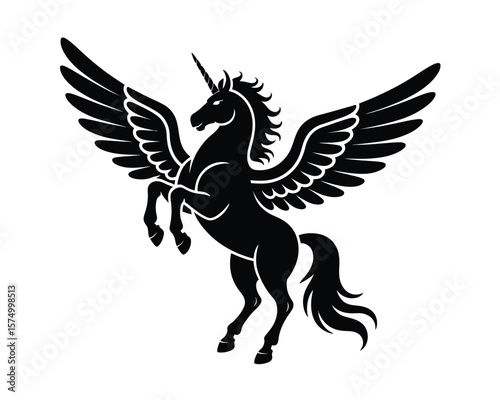 Flying Horse Pegasus Rearing Silhouette with Majestic Wings Isolated on White