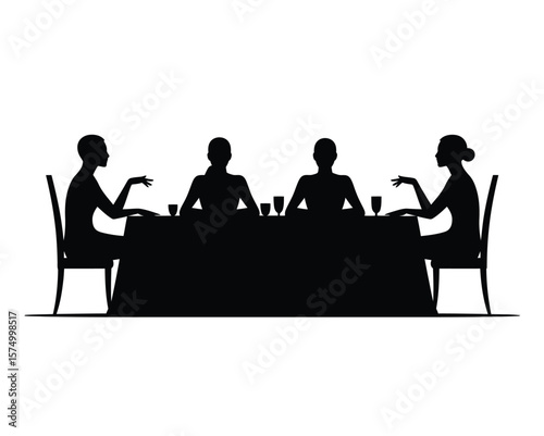 Minimalist Black Silhouette of Four People Seated at Long Table on White