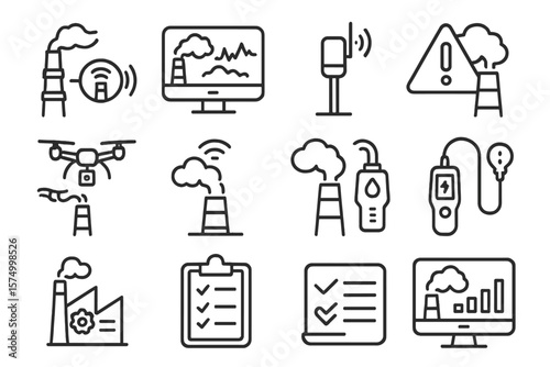 Air pollution monitoring icons set: drones, sensors, data analysis, factory emissions