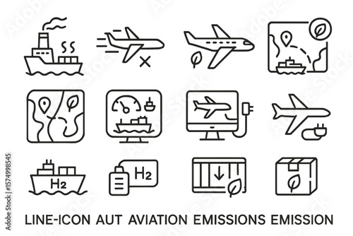 Eco-friendly transport icons featuring aviation and maritime emission concepts