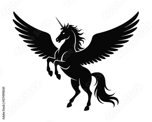 Black Silhouette of Winged Pegasus Horse in Powerful Rearing Pose on White