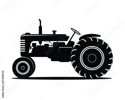 Classic Farming Tractor Side View in Bold Black Silhouette on White
