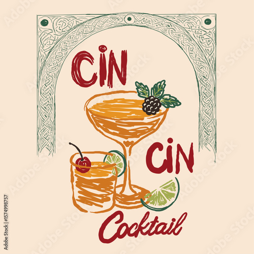 hand drawn cocktail poster for wall art or t-shirt graphic. Women's summer graphic tee. Vector hand drawn cocktail packaging label design template