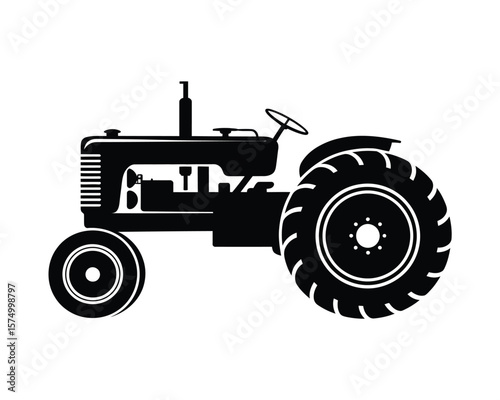 Minimalist Black Silhouette Illustration of Agricultural Tractor in Side Profile