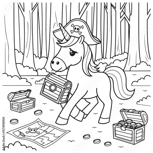 Cute Unicorn Coloring Pages with Black and white vector illustration