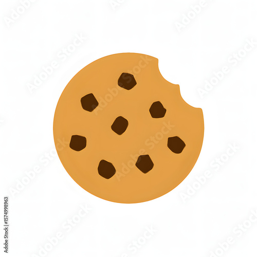 Flat vector icon of round chocolate chip cookie with bite on white background