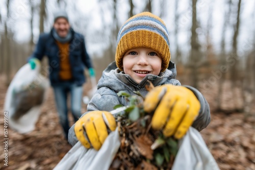 Smiling child in warm clothes and yellow gloves collecting forest litter into a plastic bag with parent helping in the background on a chilly day