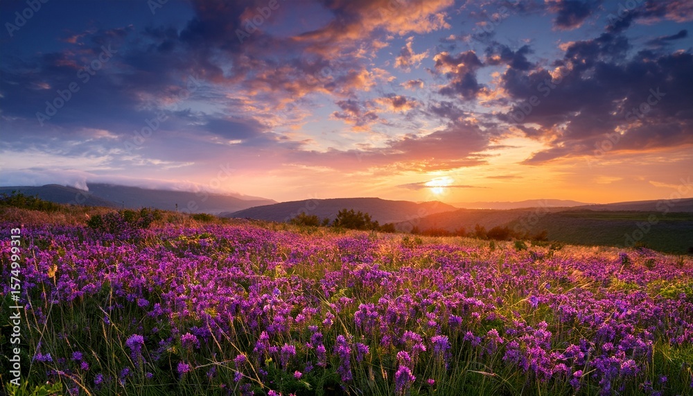 Obraz premium vibrant field of purple flowers bloom in meadow under colorful sunset sky with soft clouds creating peaceful nature landscape filled with warm and dreamy atmosphere