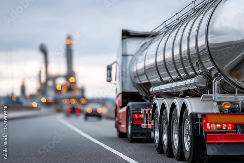 Close-up of a shiny oil tanker truck driving on a highway near an industrial refinery, emphasizing fuel transport and energy logistics