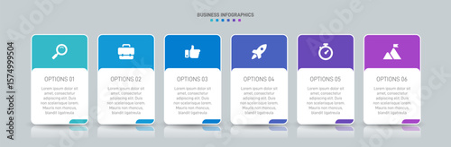 Horizontal progress bar featuring 6 arrow-shaped elements, symbolizing the six stages of business strategy and progression. Clean timeline infographic design template. Vector for presentation