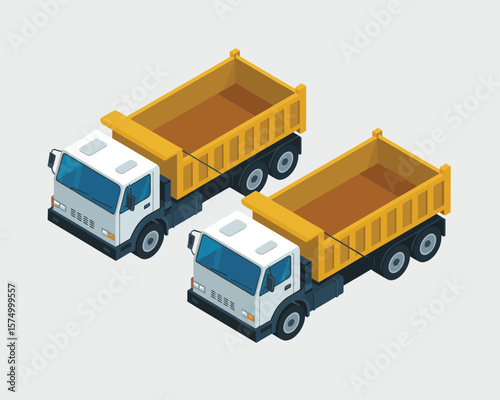 Two isometric dump trucks with yellow beds and white cabs on a light gray background