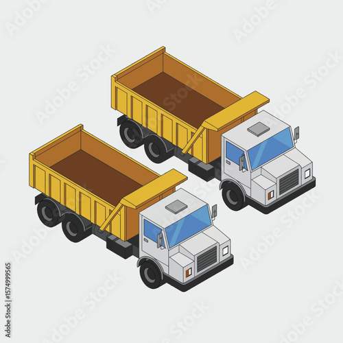 Two isometric dump trucks with yellow beds and white cabs on a light grey background
