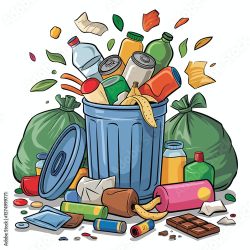 Overflowing trash can with garbage bags and scattered waste items