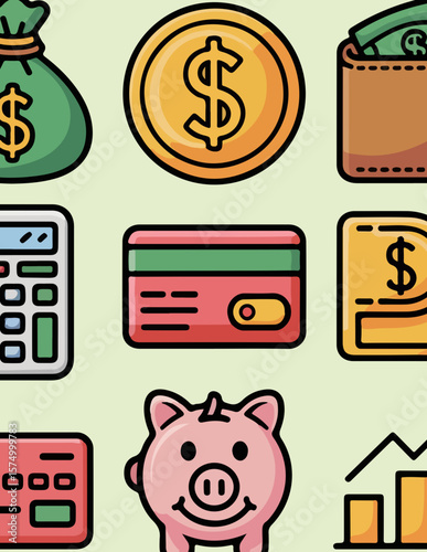 Cartoon Finance Icon Set – Money Bag, Wallet, Piggy Bank, Credit Card, and Calculator


