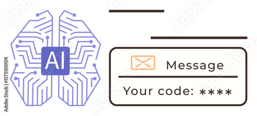 AI brain with circuit patterns and a secure code entry box. Email icon and lines suggest AI-driven communication. Ideal for security, technology, AI, coding, innovation, email science. Simple flat