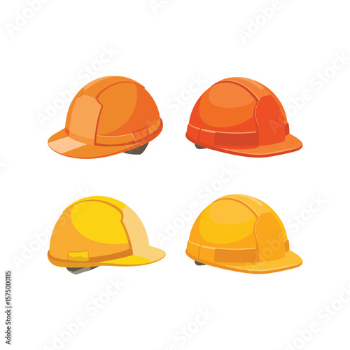 Collection of four colorful hard hats for construction safety and work protection