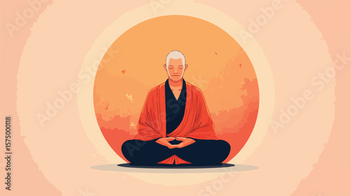 Buddhism Monk Meditating on Lotus Pose Flat Vector Illustration