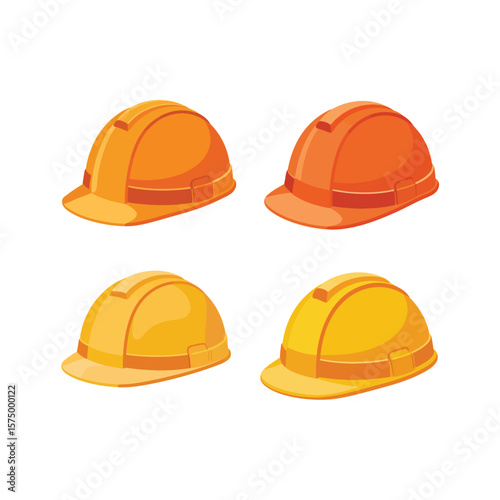 Collection of four hard hats in orange and yellow colors on white background