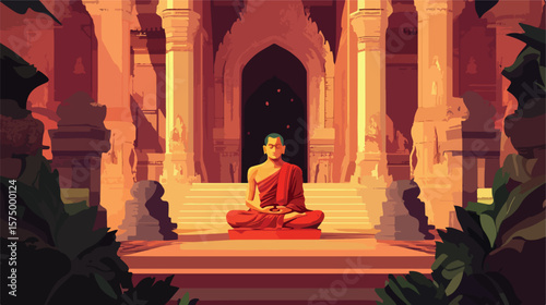 Serene Buddhist Monk Meditating in Rath Yatra Vector Illustration