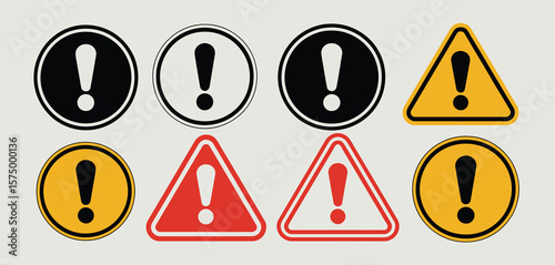 Collection of various warning signs with exclamation marks in different shapes and colors