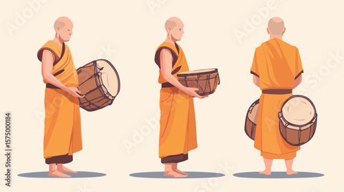 Buddhist Monk with Drum Flat Vector Illustration