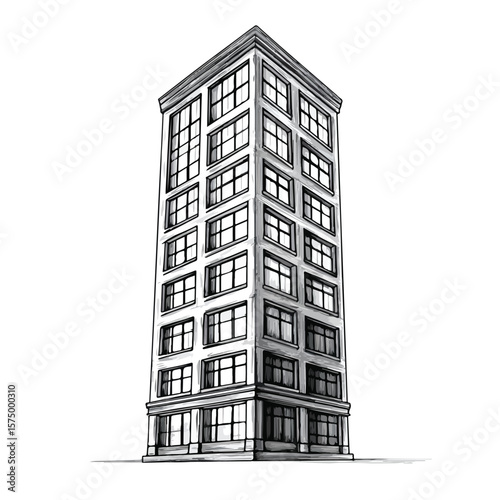 Urban Cartoon Building Vector Illustration in Black and White