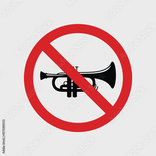 No trumpet sound allowed sign with red circle and slash over black trumpet