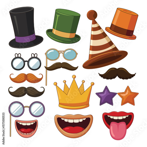 Collection of cartoon party props including hats mustaches glasses crown and mouths