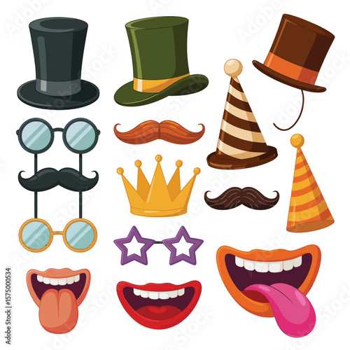 Collection of funny party props including hats mustaches glasses crowns and mouths