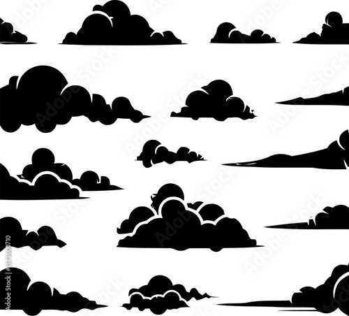 Black Silhouette Cloud Vector Set Featuring Sixteen Unique Puff Shapes in Minimalist Style for Weather, Sky, and Decorative Use