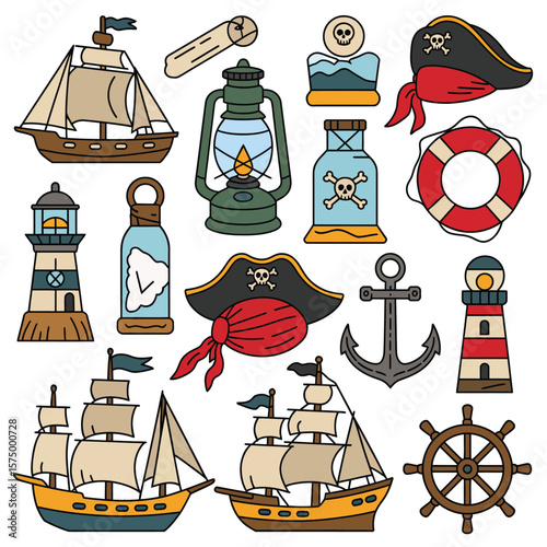 Collection of pirate themed nautical icons and illustrations on white background